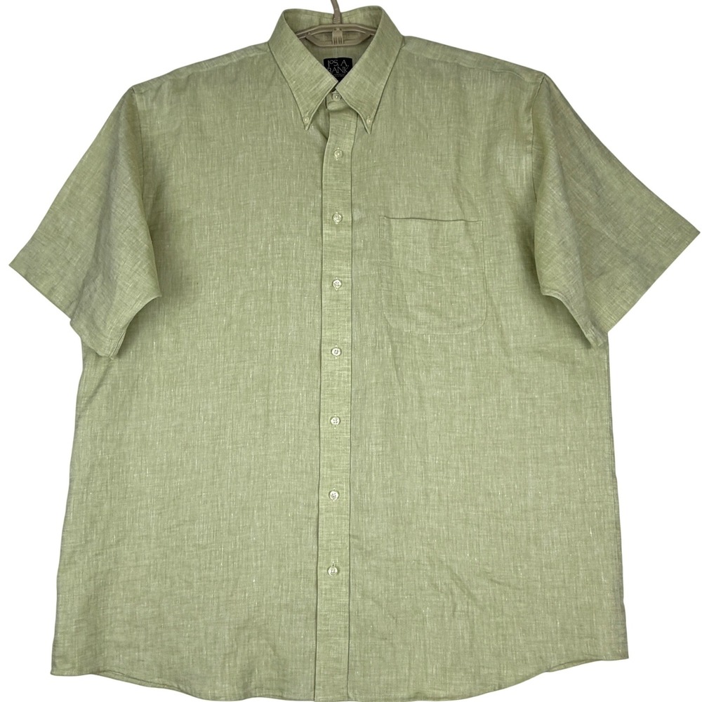 Jos A Bank Travelers Mens XL 100% Linen Shirt Green Short Sleeve Button Down